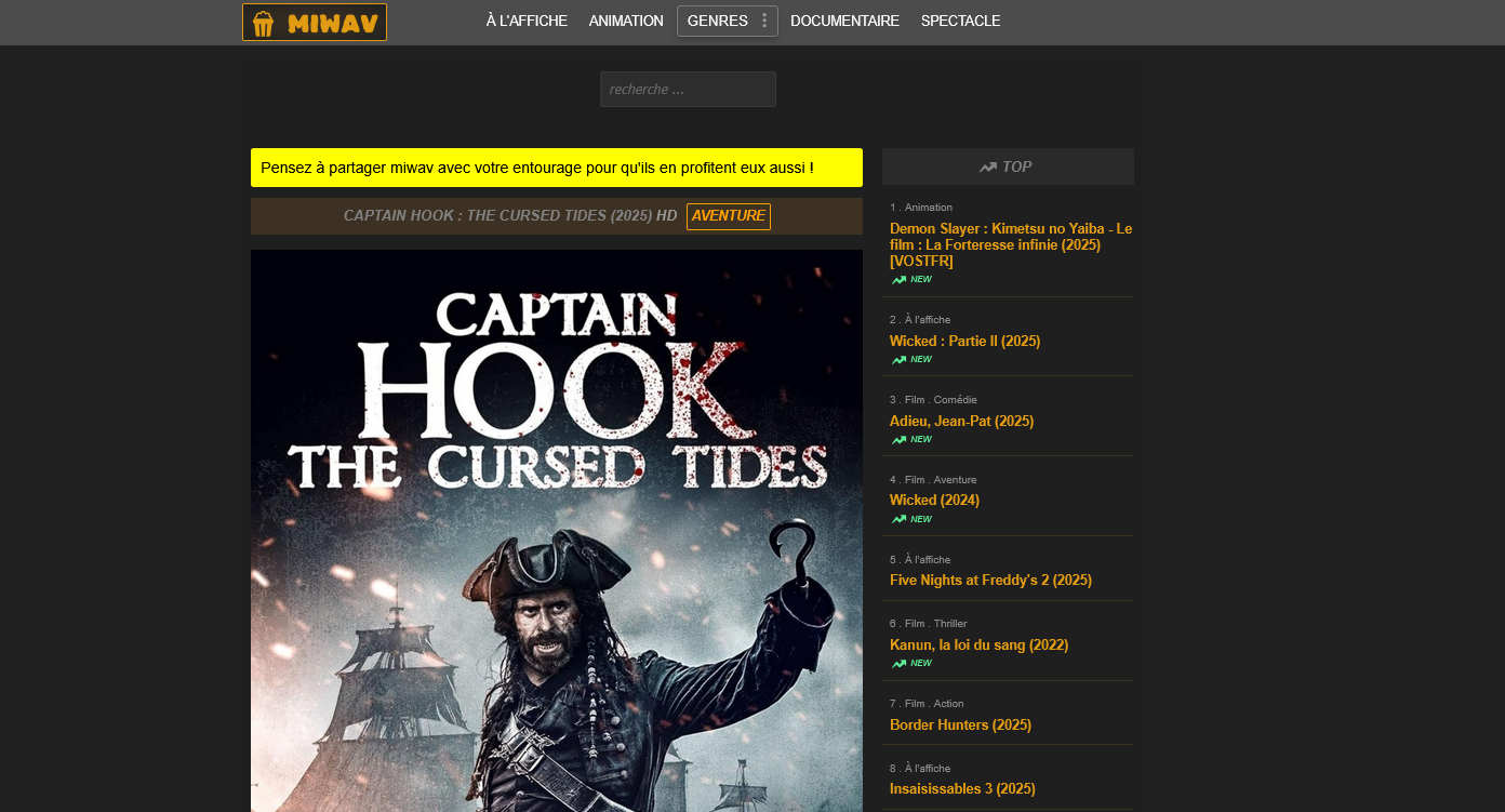 Interface principale du site Miwav avec catalogue de films et séries